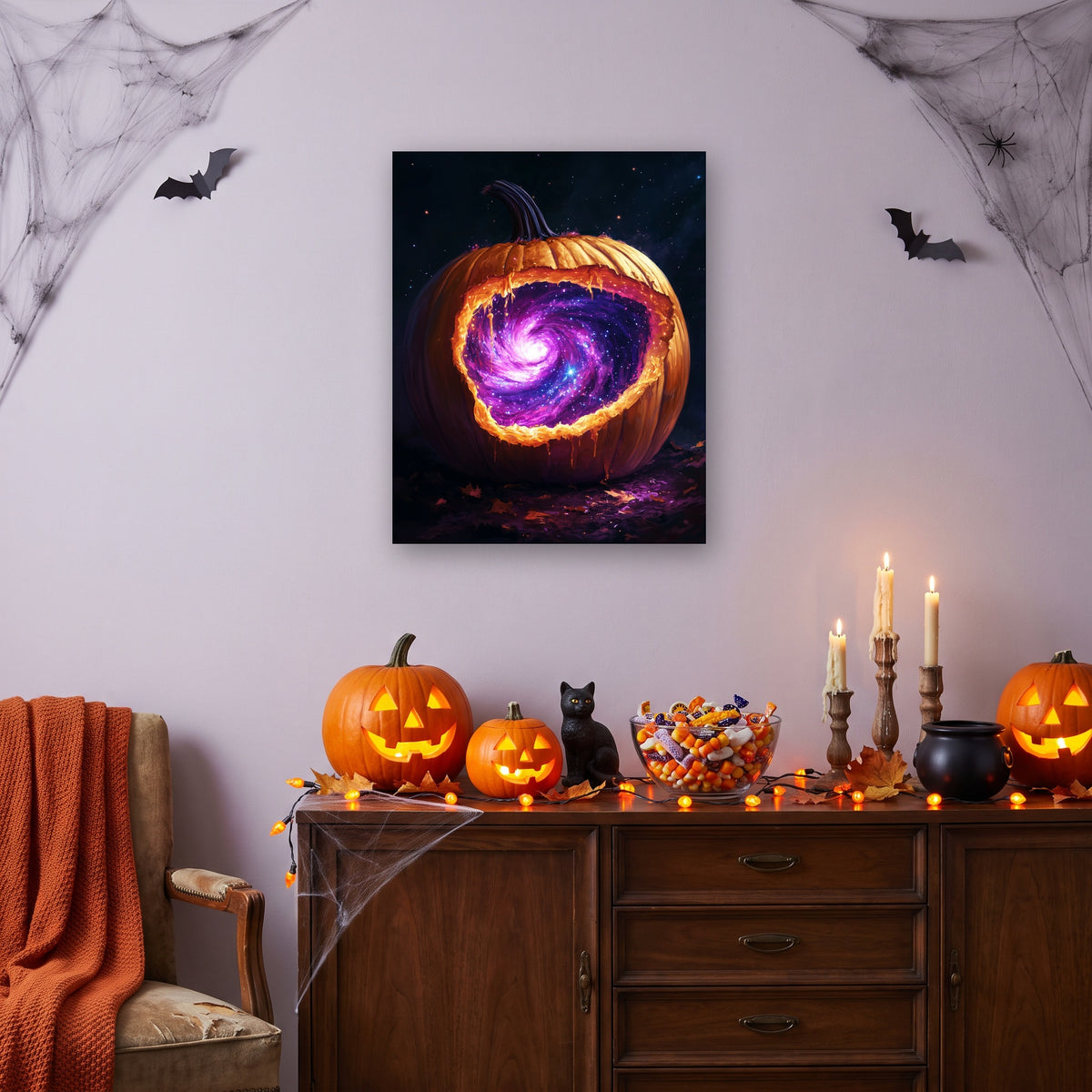 Tableau peinture par numéro Citrouille Galactique accroché dans un salon décoré pour Halloween — Maison Artsen