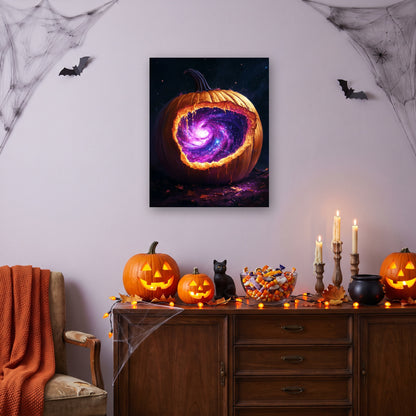 Tableau peinture par numéro Citrouille Galactique accroché dans un salon décoré pour Halloween — Maison Artsen