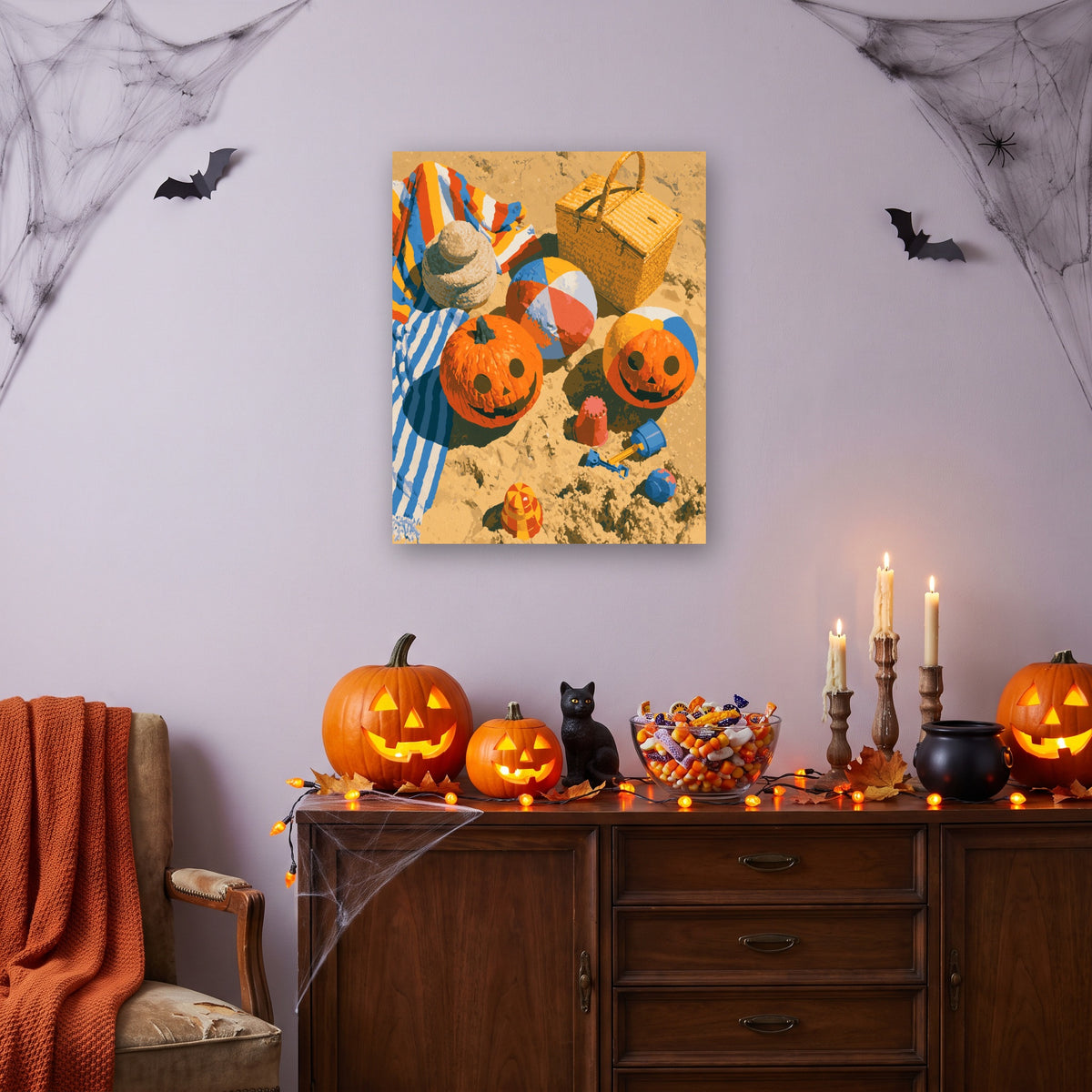 Tableau peinture par numéro Citrouilles à la Plage accroché dans un salon décoré pour Halloween — Maison Artsen