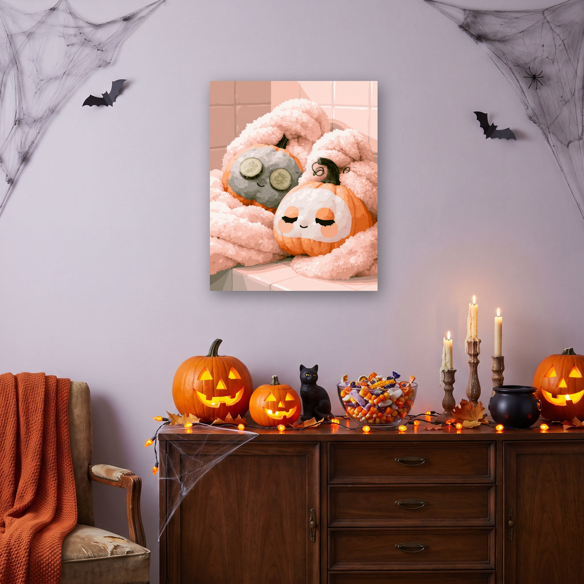 Tableau peinture par numéro Citrouilles au Spa accroché dans un salon décoré pour Halloween — Maison Artsen