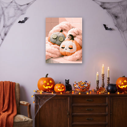 Tableau peinture par numéro Citrouilles au Spa accroché dans un salon décoré pour Halloween — Maison Artsen