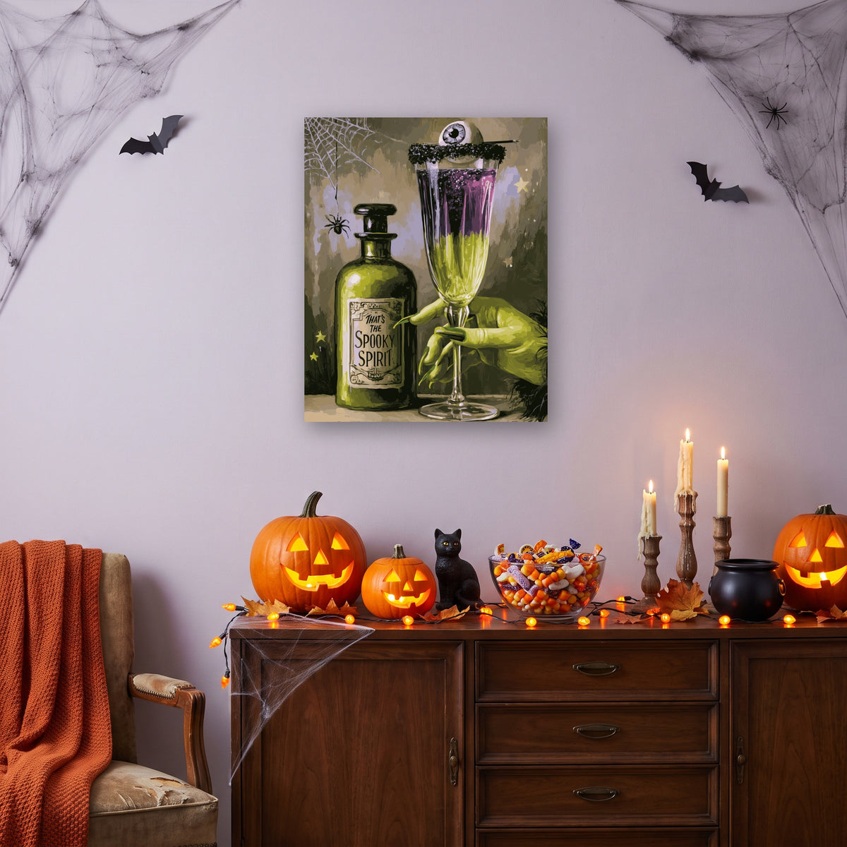 Tableau peinture par numéro Cocktail de Sorcière accroché dans un salon décoré pour Halloween — Maison Artsen