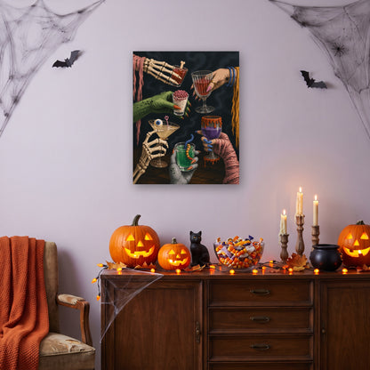 Tableau peinture par numéro Cocktails de Monstres accroché dans un salon décoré pour Halloween — Maison Artsen
