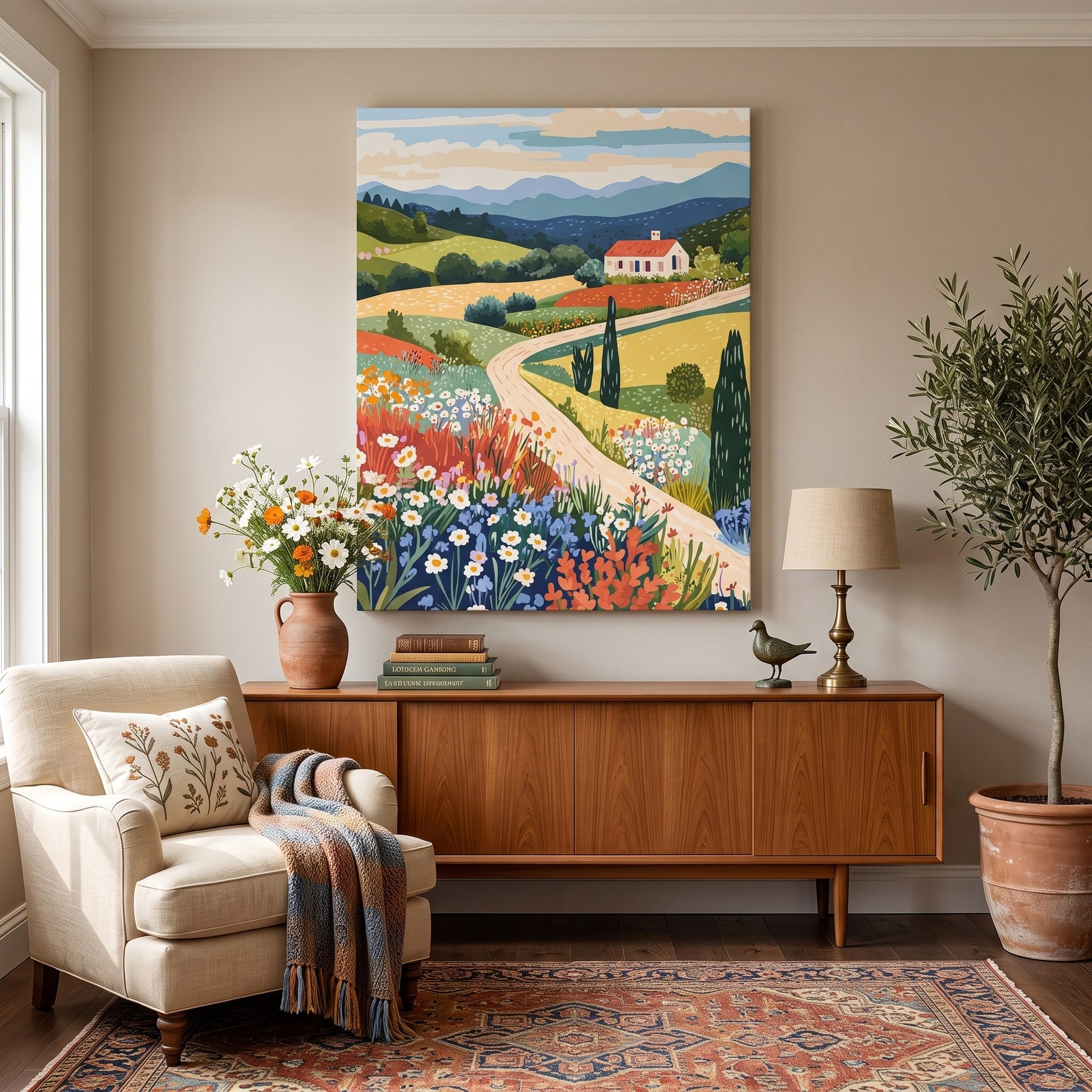 Tableau peinture par numéro Collines Fleuries de Toscane accroché dans un intérieur décoré — Maison Artsen
