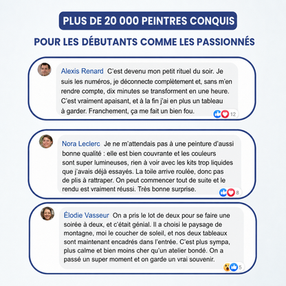 Commentaires de clients sur les kits de peinture par numéro Maison Artsen : un rituel du soir apaisant, une peinture couvrante aux couleurs lumineuses, une toile livrée roulée sans pli, et une soirée peinture à deux.