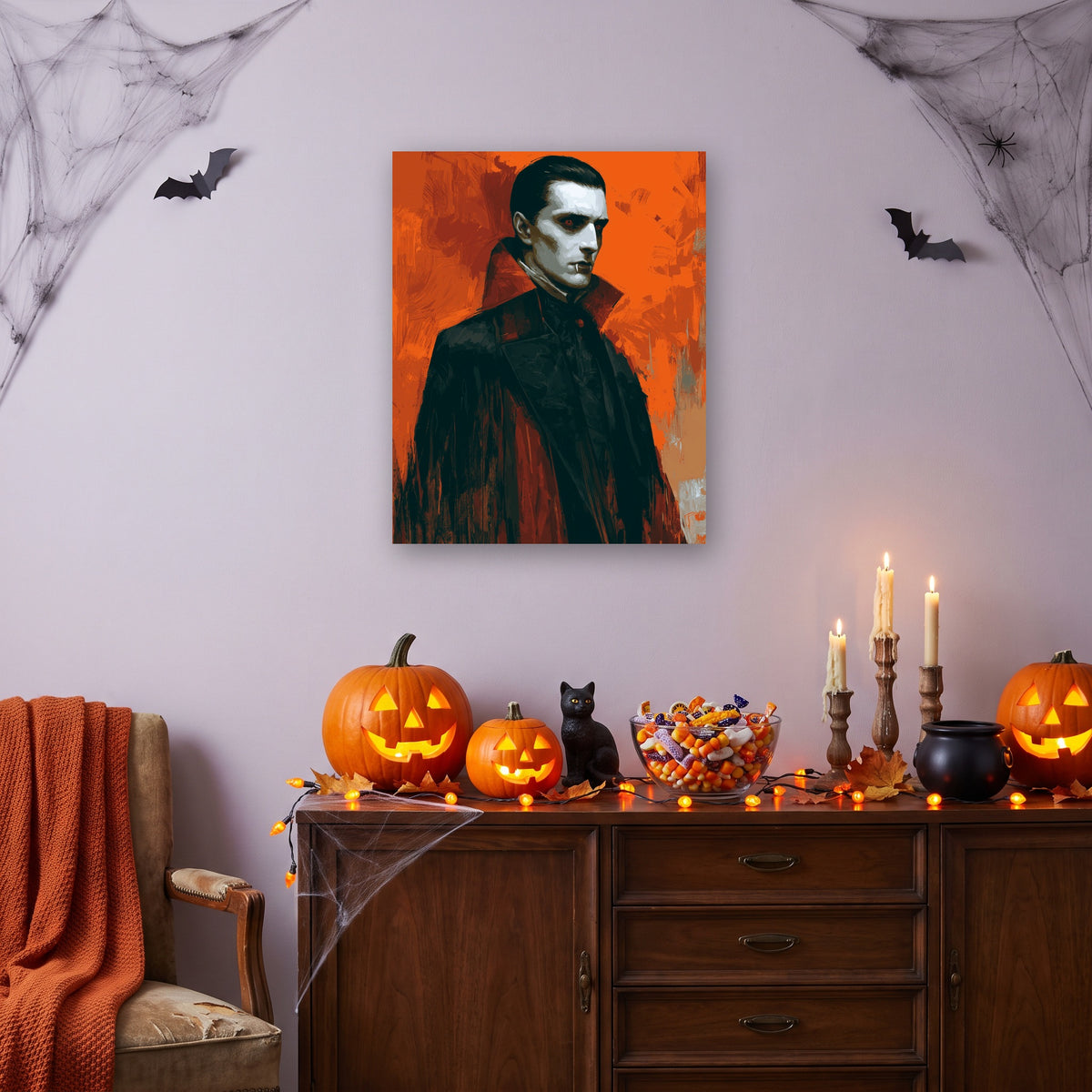 Tableau peinture par numéro Comte de Minuit accroché dans un salon décoré pour Halloween — Maison Artsen