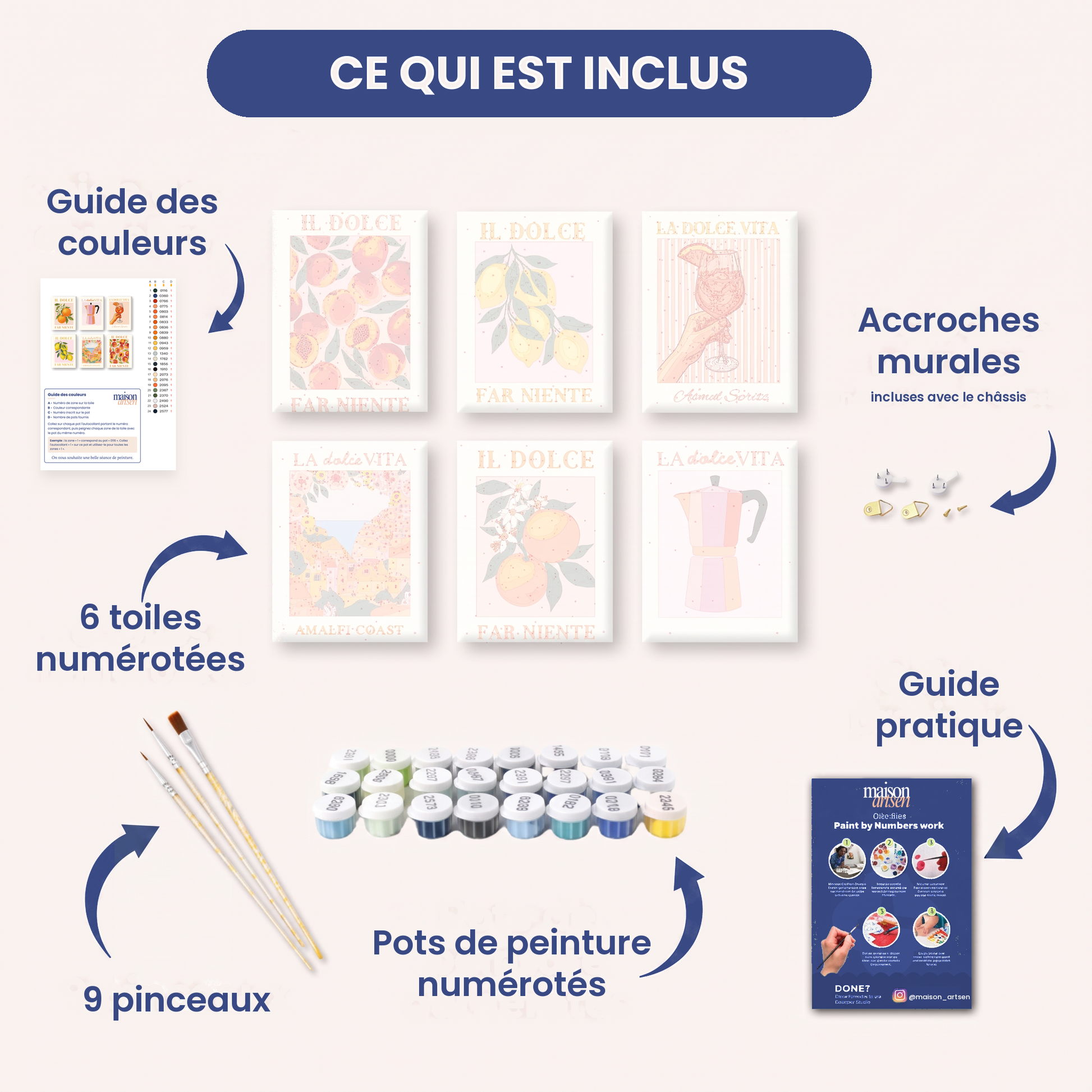 Contenu du coffret de 6 peintures par numéro : 6 toiles en lin numérotées, pots de peinture acrylique numérotés, 9 pinceaux, guide des couleurs, accroches murales et guide pratique.
