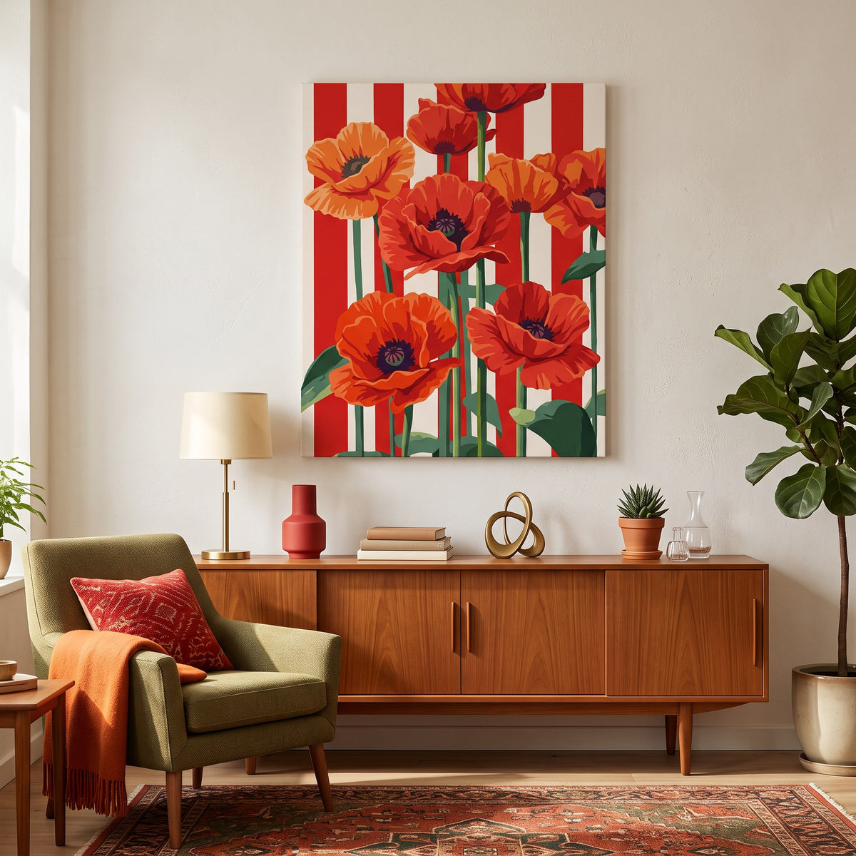 Tableau peinture par numéro Coquelicots Rouges accroché dans un intérieur décoré — Maison Artsen