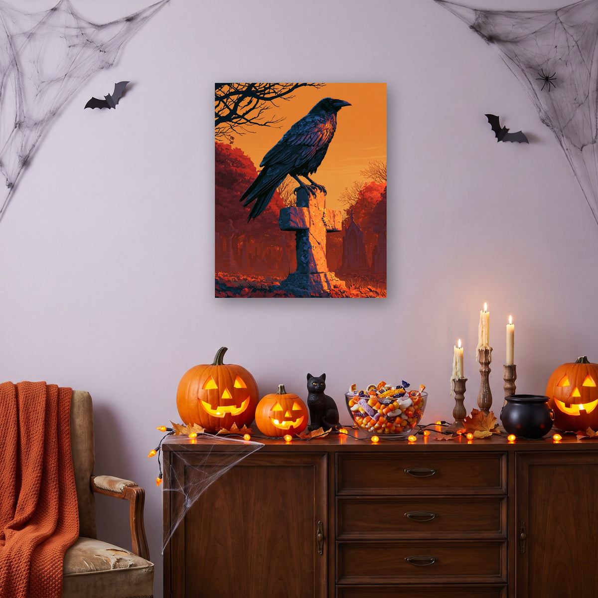 Tableau peinture par numéro Corbeau au Crépuscule accroché dans un salon décoré pour Halloween — Maison Artsen