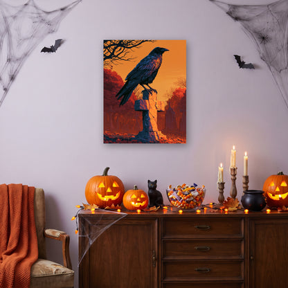 Tableau peinture par numéro Corbeau au Crépuscule accroché dans un salon décoré pour Halloween — Maison Artsen
