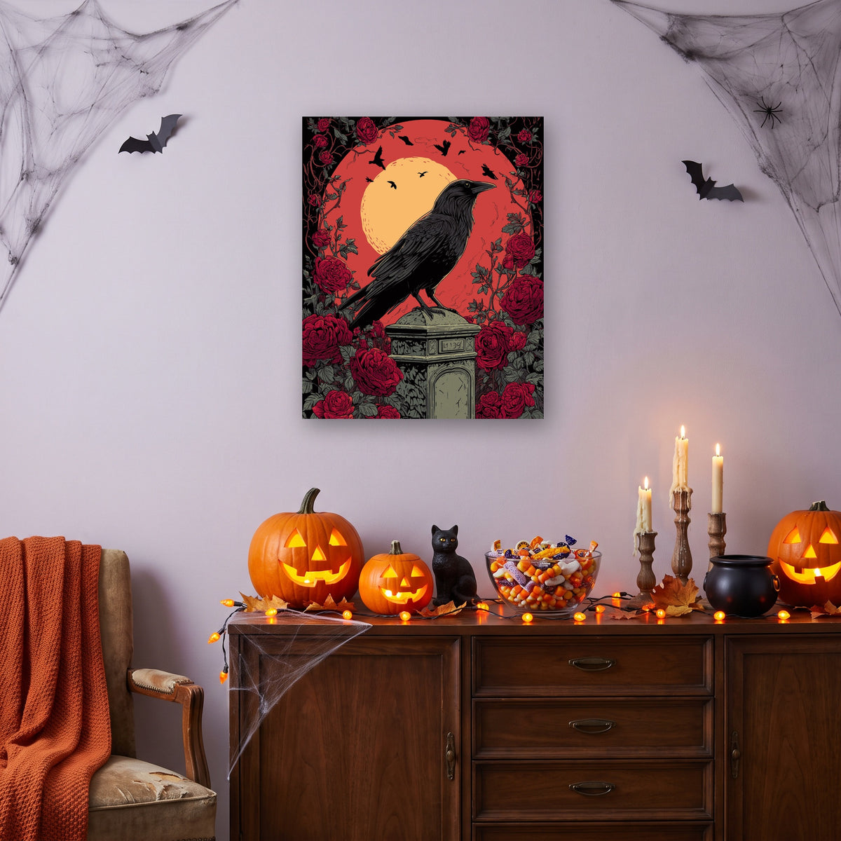 Tableau peinture par numéro Corbeau et Roses accroché dans un salon décoré pour Halloween — Maison Artsen