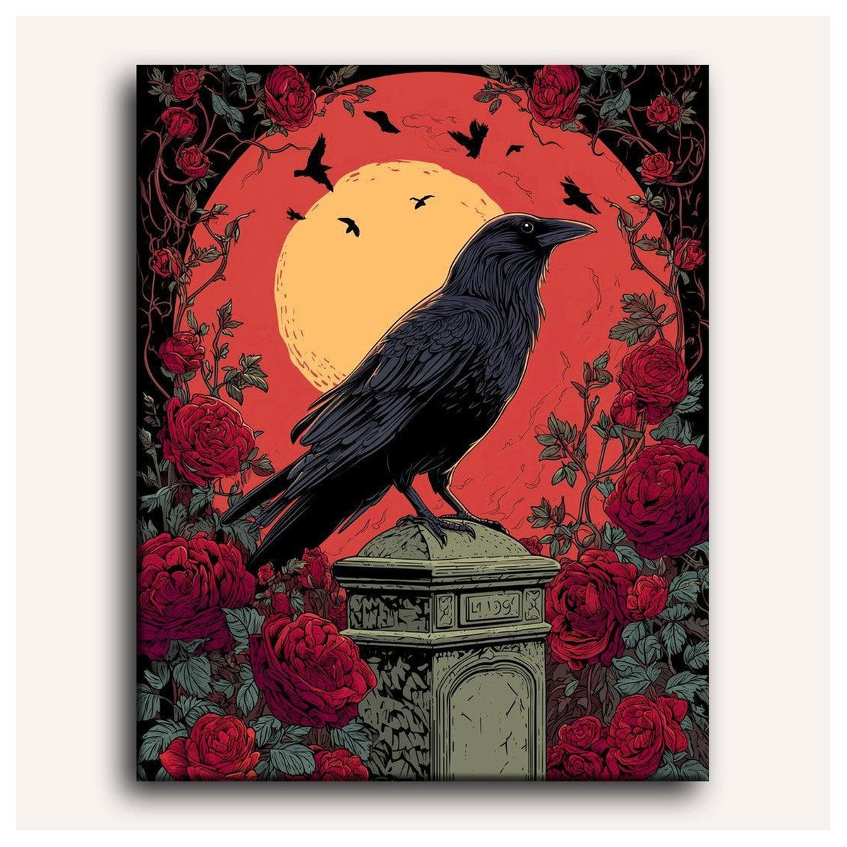Peinture par numéro adulte Corbeau et Roses, toile tendue vue de face — Maison Artsen