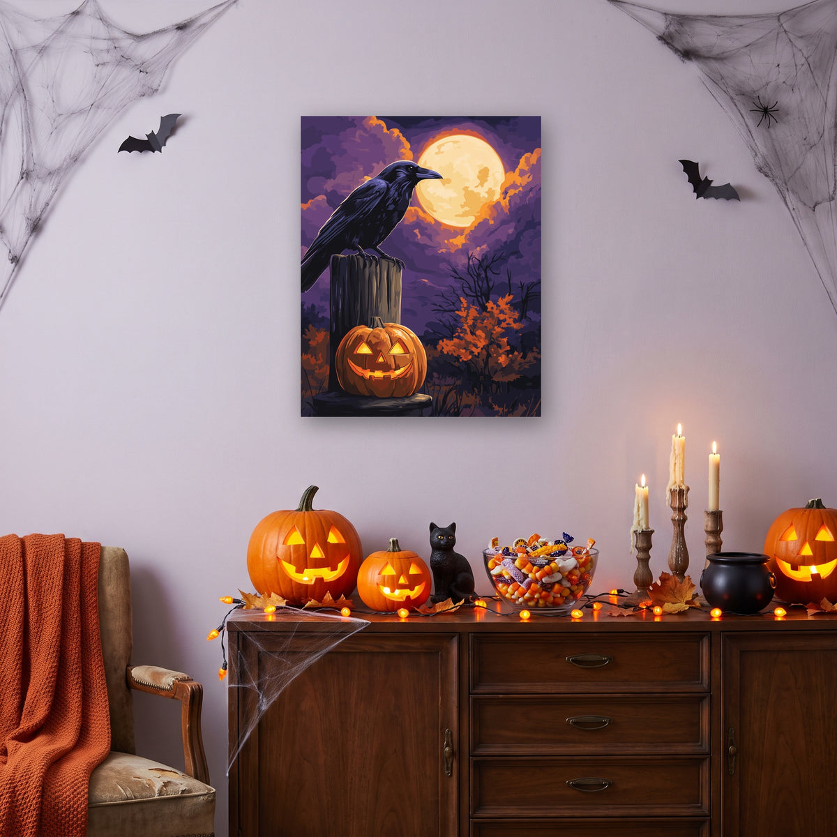 Tableau peinture par numéro Corbeau sur la Palissade accroché dans un salon décoré pour Halloween — Maison Artsen