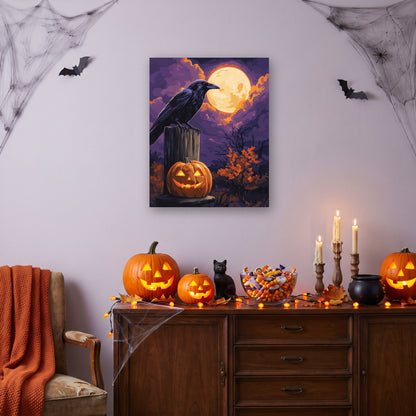 Tableau peinture par numéro Corbeau sur la Palissade accroché dans un salon décoré pour Halloween — Maison Artsen