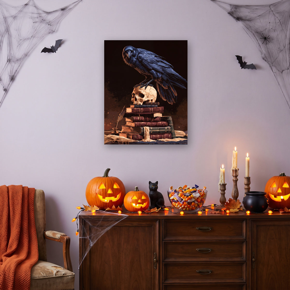 Tableau peinture par numéro Corbeau sur le Crâne accroché dans un salon décoré pour Halloween — Maison Artsen