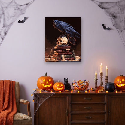 Tableau peinture par numéro Corbeau sur le Crâne accroché dans un salon décoré pour Halloween — Maison Artsen