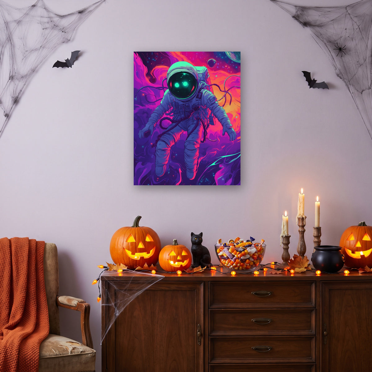 Tableau peinture par numéro Cosmonaute des Ténèbres accroché dans un intérieur décoré, Maison Artsen