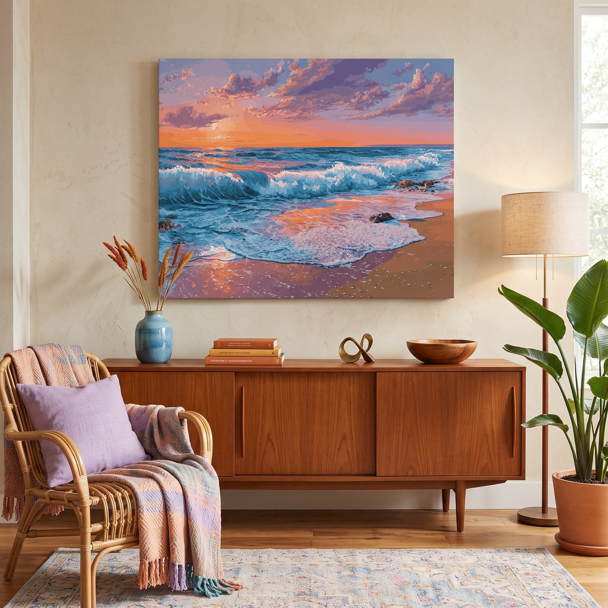Tableau peinture par numéro Coucher de Soleil Rose accroché dans un intérieur décoré — Maison Artsen