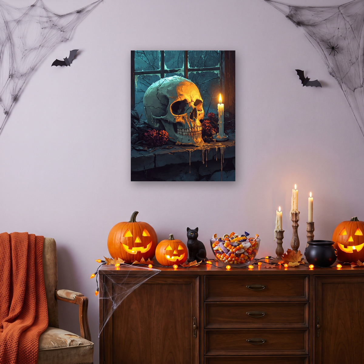 Tableau peinture par numéro Crâne à la Chandelle accroché dans un salon décoré pour Halloween — Maison Artsen