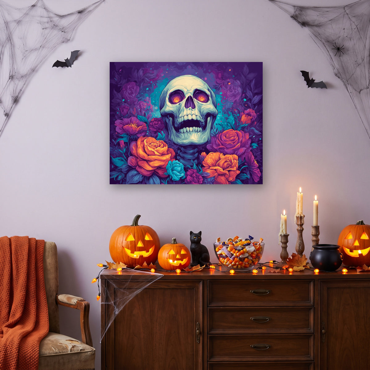 Tableau peinture par numéro Crâne aux Roses accroché dans un salon décoré pour Halloween — Maison Artsen