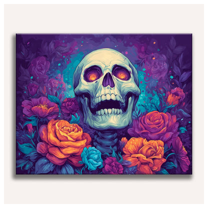 Peinture par numéro adulte Crâne aux Roses, toile tendue vue de face — Maison Artsen