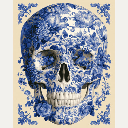 Peinture par numéro adulte Crâne de Delft, visuel complet du design — Maison Artsen