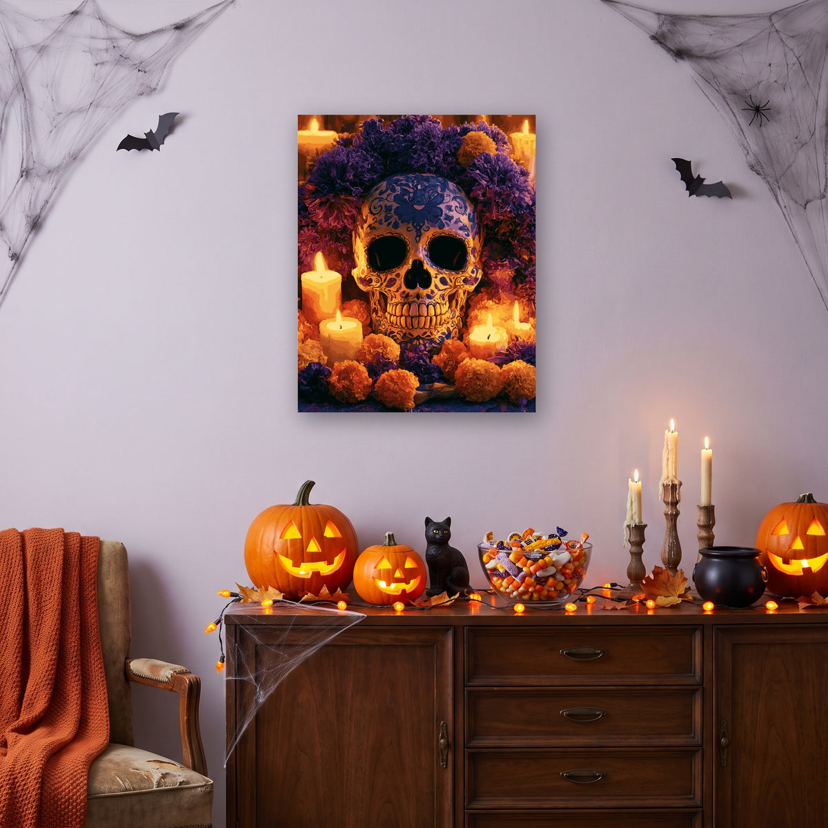 Tableau peinture par numéro Crâne Fleuri accroché dans un salon décoré pour Halloween — Maison Artsen