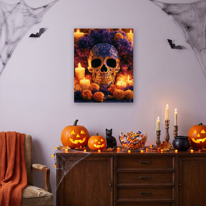 Tableau peinture par numéro Crâne Fleuri accroché dans un salon décoré pour Halloween — Maison Artsen