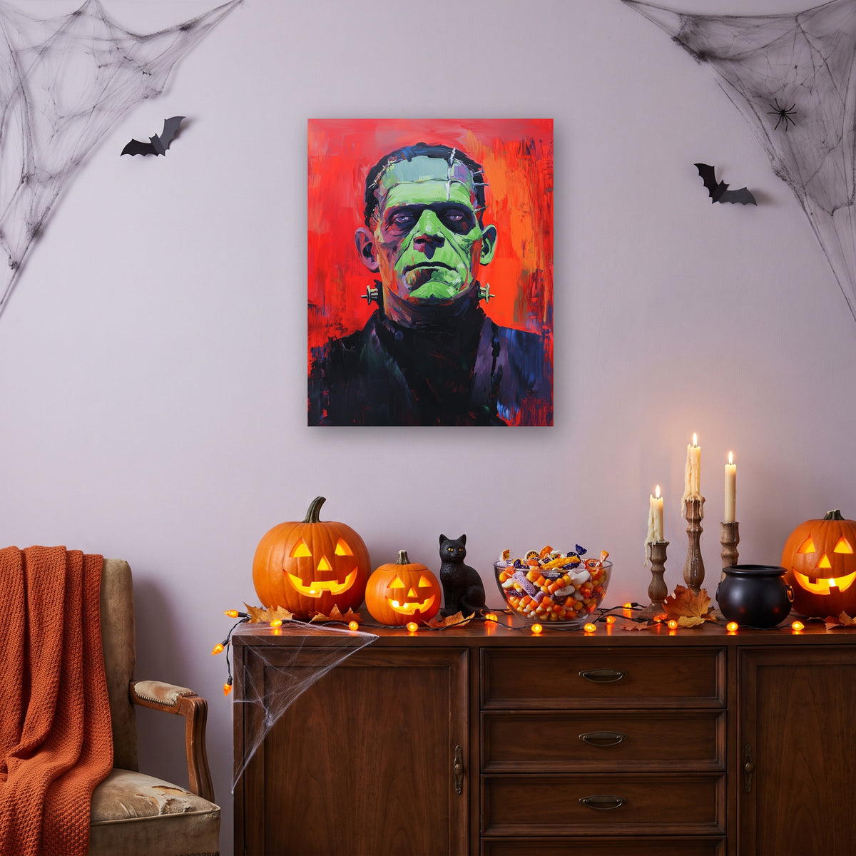 Tableau peinture par numéro Créature aux Boulons accroché dans un salon décoré pour Halloween — Maison Artsen