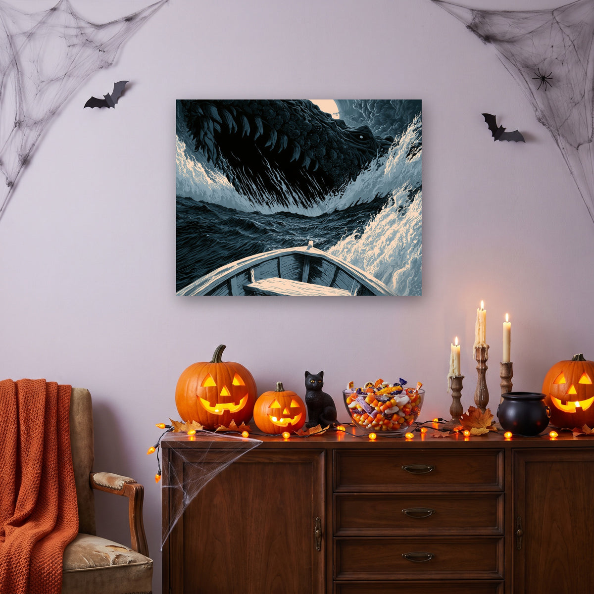 Tableau peinture par numéro Créature des Abysses accroché dans un salon décoré pour Halloween — Maison Artsen