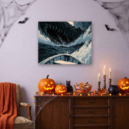 Tableau peinture par numéro Créature des Abysses accroché dans un salon décoré pour Halloween — Maison Artsen