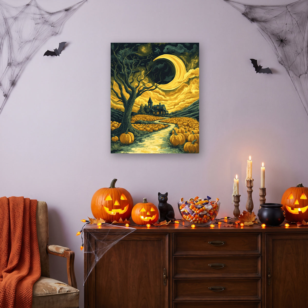 Tableau peinture par numéro Croissant d'Or accroché dans un salon décoré pour Halloween — Maison Artsen