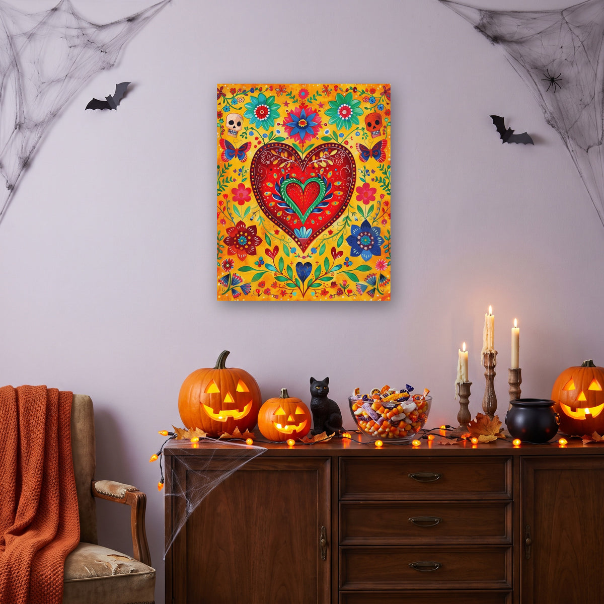Tableau peinture par numéro Cœur Fleuri accroché dans un salon décoré pour Halloween — Maison Artsen