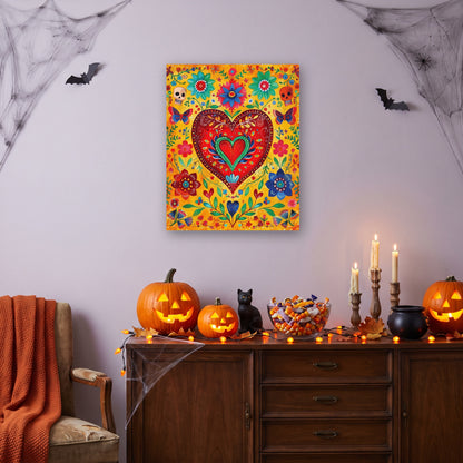 Tableau peinture par numéro Cœur Fleuri accroché dans un salon décoré pour Halloween — Maison Artsen