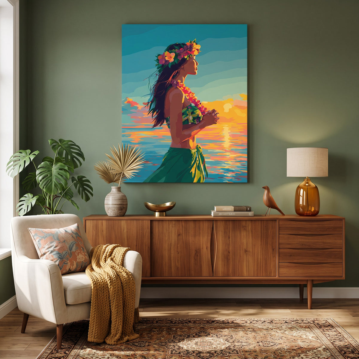 Tableau peinture par numéro Danseuse de Hula accroché dans un intérieur décoré — Maison Artsen