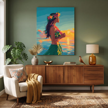 Tableau peinture par numéro Danseuse de Hula accroché dans un intérieur décoré — Maison Artsen