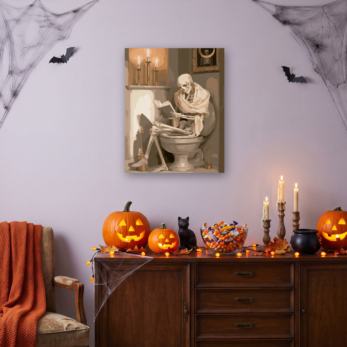 Tableau peinture par numéro Dernier Chapitre accroché dans un salon décoré pour Halloween — Maison Artsen