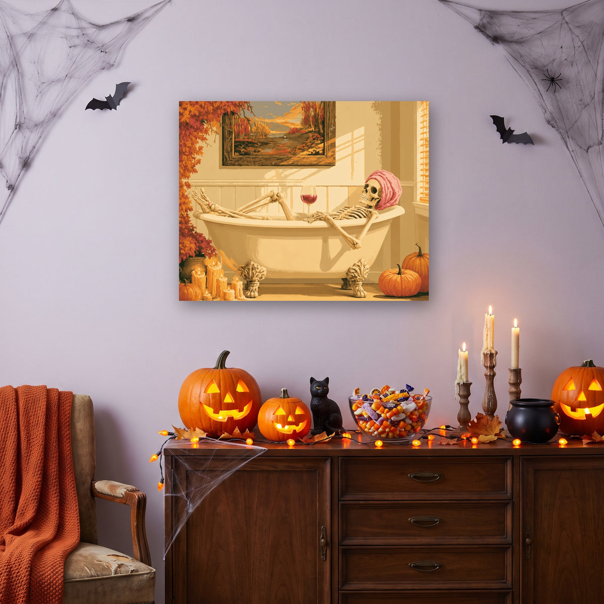Tableau peinture par numéro Détente du Squelette accroché dans un salon décoré pour Halloween — Maison Artsen