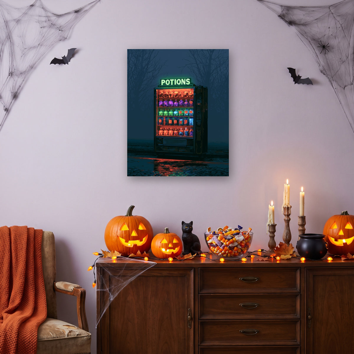 Tableau peinture par numéro Distributeur de Potions accroché dans un salon décoré pour Halloween — Maison Artsen