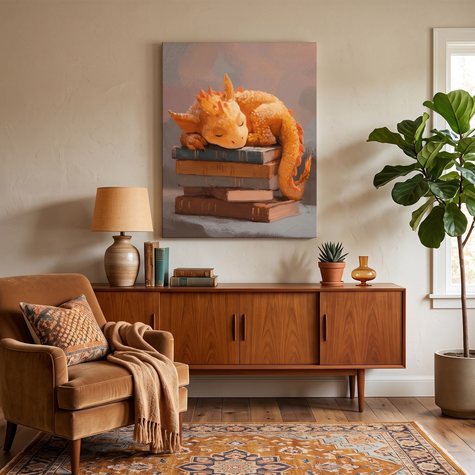Tableau peinture par numéro Dragon Endormi sur les Livres accroché dans un intérieur décoré — Maison Artsen