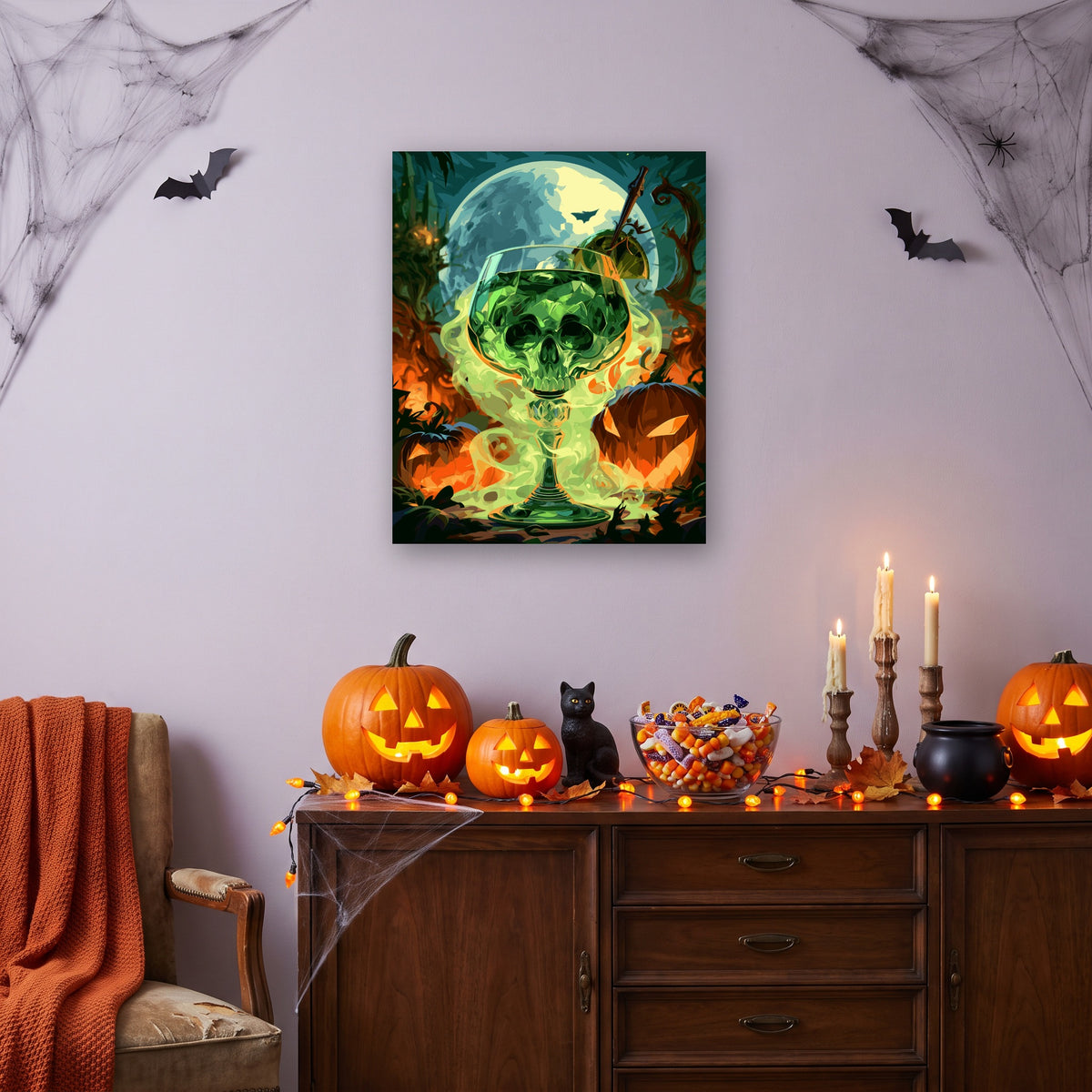 Tableau peinture par numéro Élixir de Pleine Lune accroché dans un salon décoré pour Halloween — Maison Artsen