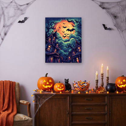 Tableau peinture par numéro Envol des Chauves-souris accroché dans un salon décoré pour Halloween — Maison Artsen