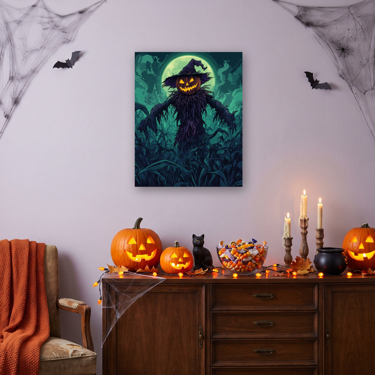 Tableau peinture par numéro Épouvantail à la Citrouille accroché dans un salon décoré pour Halloween — Maison Artsen