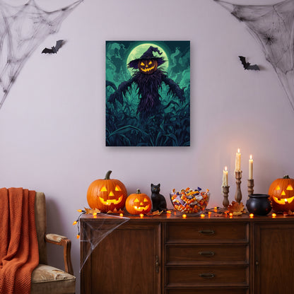 Tableau peinture par numéro Épouvantail à la Citrouille accroché dans un salon décoré pour Halloween — Maison Artsen