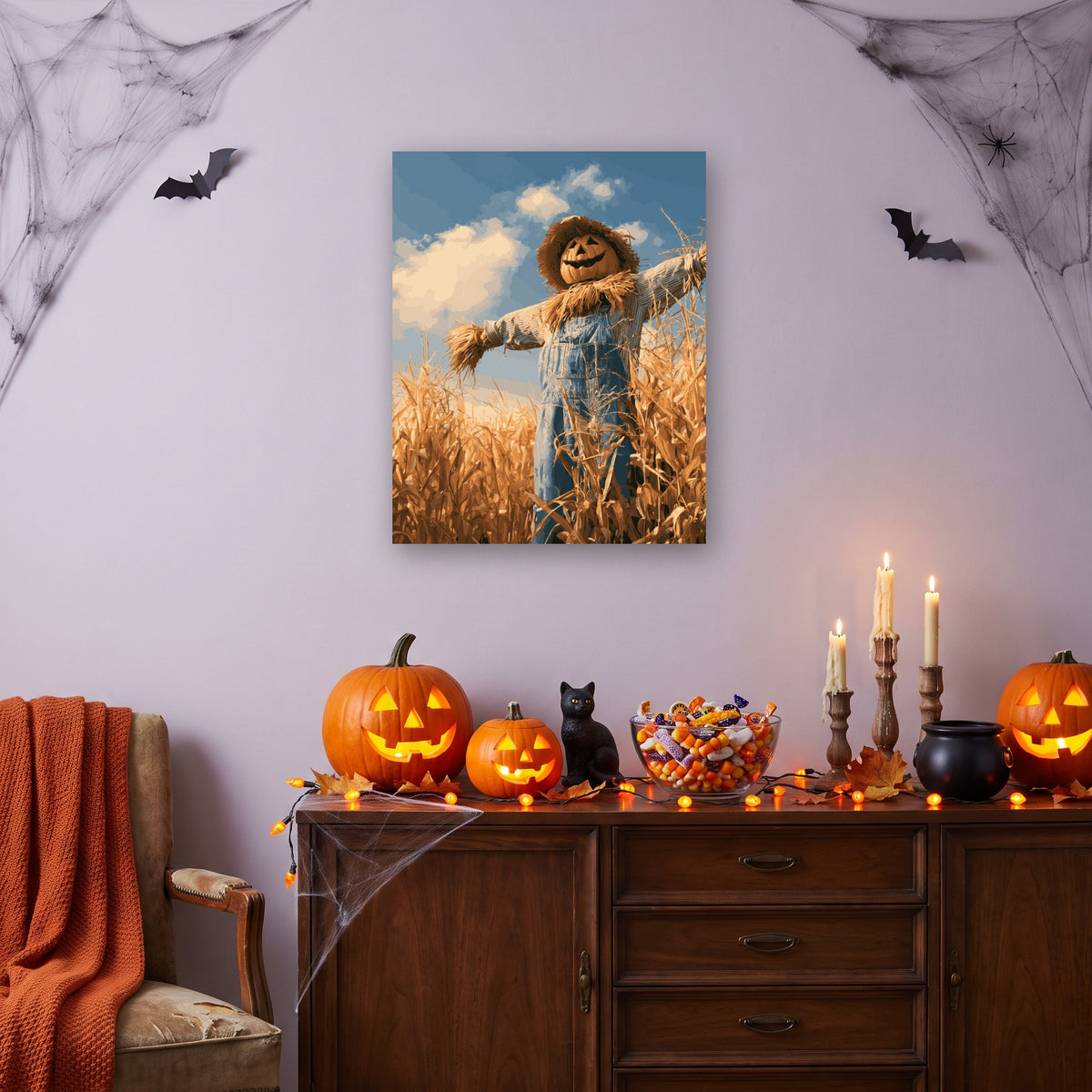Tableau peinture par numéro Épouvantail des Moissons accroché dans un salon décoré pour Halloween — Maison Artsen