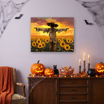 Tableau peinture par numéro Épouvantail des Tournesols accroché dans un intérieur décoré, Maison Artsen