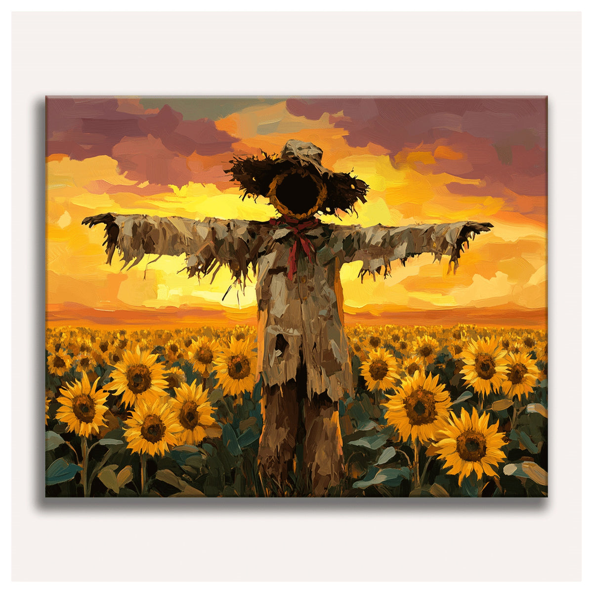 Peinture par numéro adulte Épouvantail des Tournesols, visuel complet du design sur toile, Maison Artsen