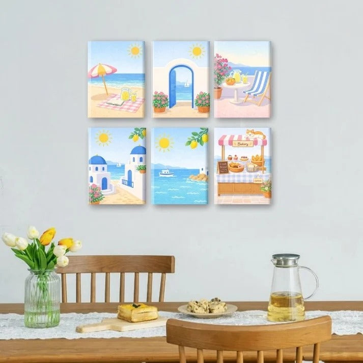 Coffret peinture par numéro Escale à Santorin accroché dans un intérieur décoré — Maison Artsen