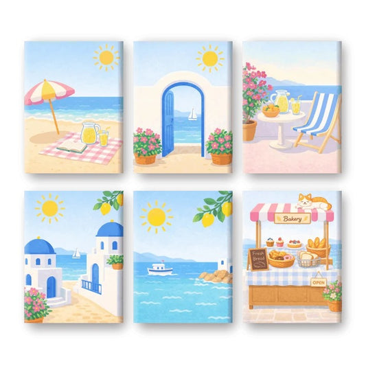 Coffret 6 peintures par numéro Escale à Santorin, visuel complet des 6 toiles — Maison Artsen