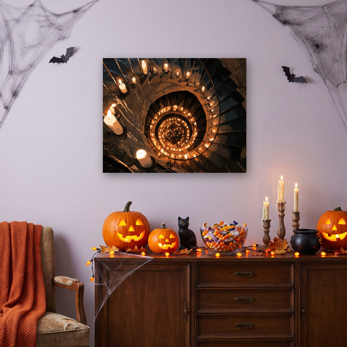 Tableau peinture par numéro Escalier aux Bougies accroché dans un salon décoré pour Halloween — Maison Artsen